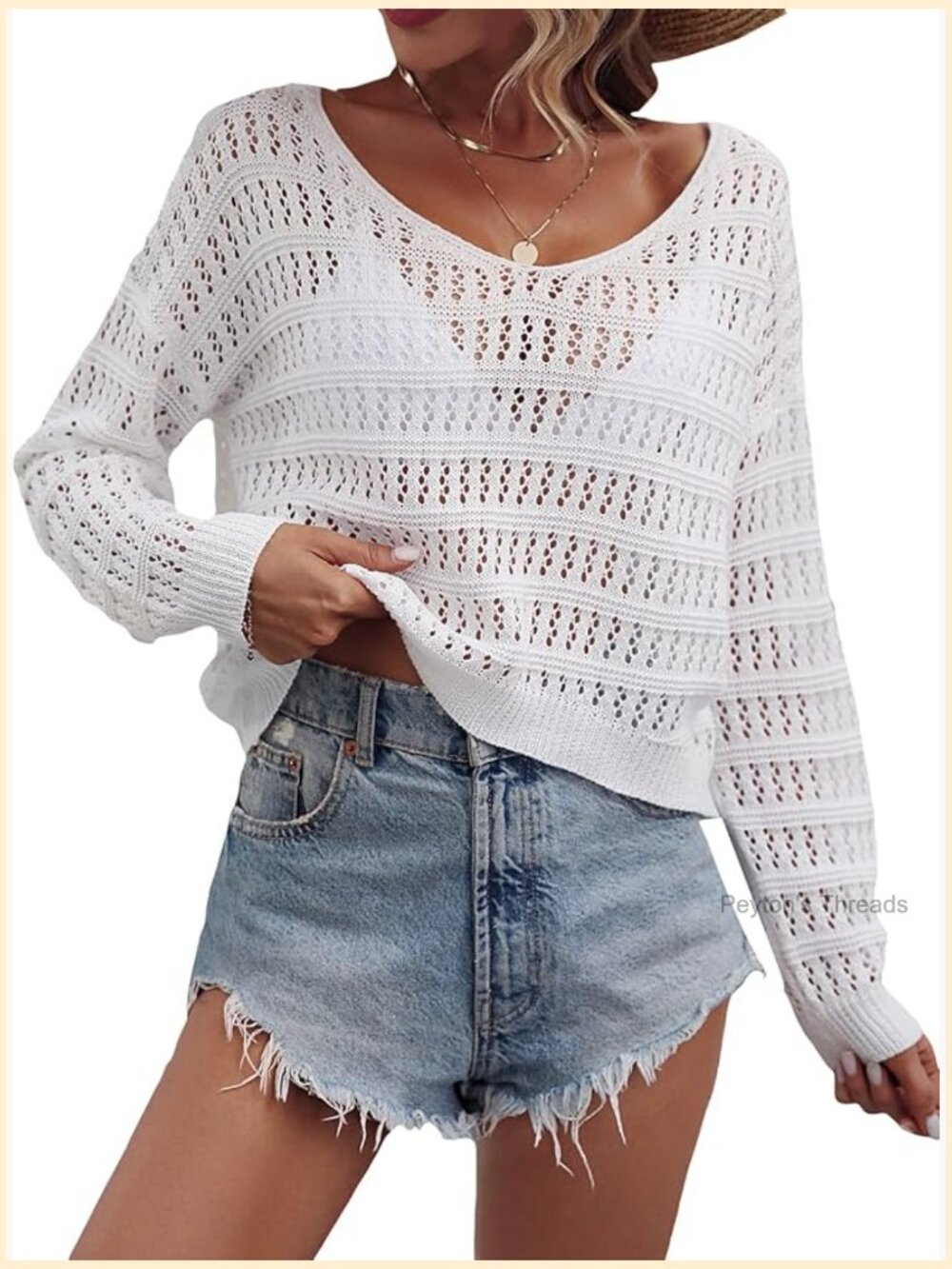 Crochet Hollow Out Drop Shoulder Long Sleeve Sweater Top